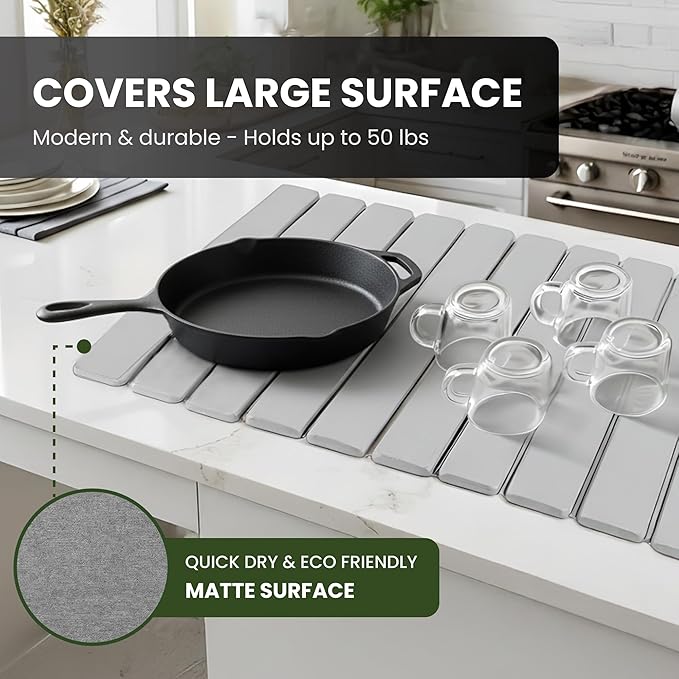 Large Stone Drying Mat for Kitchen Counter - Collapsible Quick-Dry Diatomite Dish Drying Mat, Non-Slip (Gray)