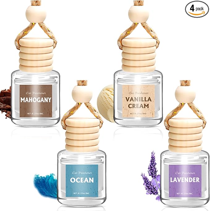 AROIC 4 Pack Car Air Freshener, Wooden Lid Essential Oil Car Diffuser, Natural Long Lasting Scent for Auto Interior, Mothers Day Gifts for Mom Women - Mahogany/Lavender/Ocean/Vanilla Cream