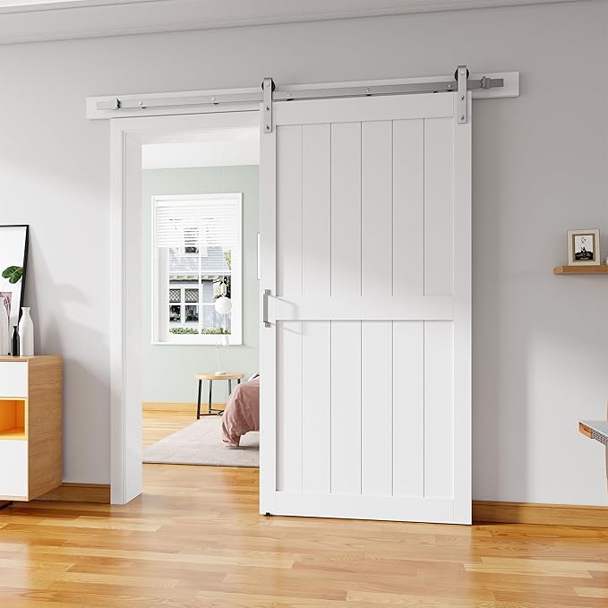 42''x84'' Sliding Barn Door with 7 Ft Brushed Nickel Hardware Kit& Handle& Floor Guides,Pre-Drilled Holes Easy Assembly - Include Installation Manual, Water-Proof PVC Surface, H-Frame