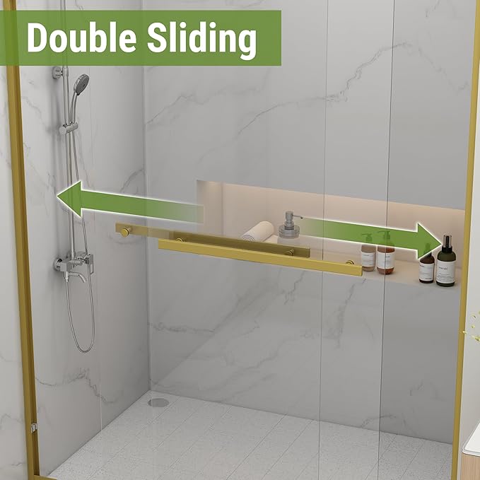 Shower Door 44-48" W * 72" H, Brushed Gold Double Sliding Shower Door with 1/4"(6mm) Tempered Glass, Shower Glass Door Easy to Clean