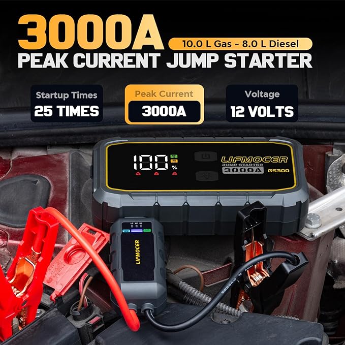 GS300 Portable Jump Starter - 3000A Car Battery Jump Starter for Up to 10.0L Gas and 8.0L Diesel Engines,59.2WH 12V Jump Box with Storage Case USB Quick Charge,LCD Display for Motorcycle,Trucks