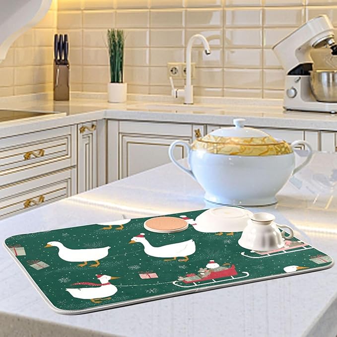 Christmas Geese Pattern Dish Drying Mat for Kitchen Counter Super Absorbent Drying Mat 16x18 inch Large Dish Drying Matts for Countertop Protector Dishes Pad