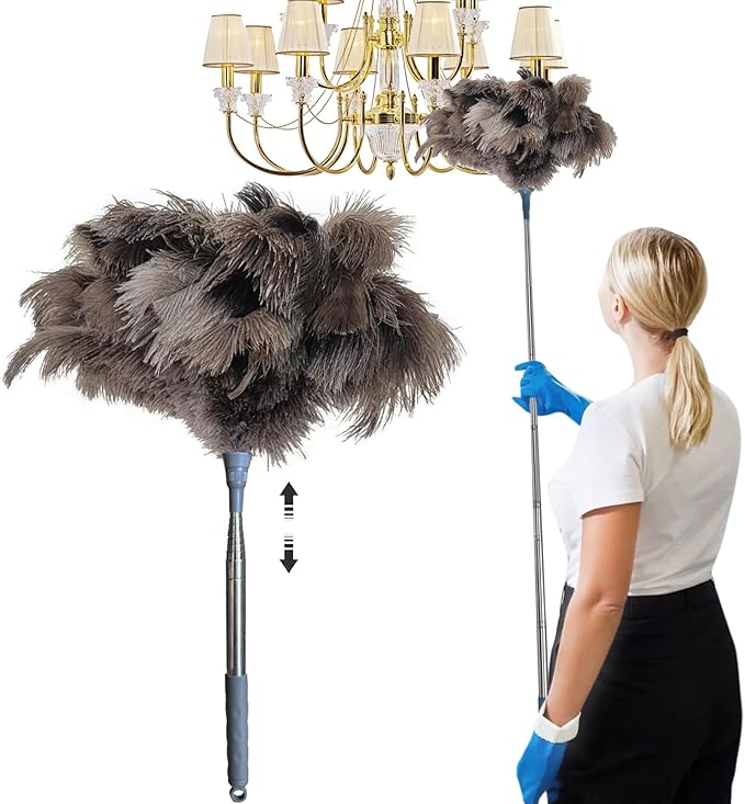 Ostrich Feather Duster with Extension Pole for Cleaning - 80 in Fluffy Natural Genuine Ostrich Feathers with Handle Reusable Handheld Ostrich Feather (Gray)