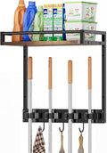 Broom Holder Wall Mount with Shelf Load 66LBS Broom and Mop Organizer Wall Hanging Broom Hanger with 4 Mop Hanger Grippers, 3 Hooks for Laundry Room, Garage, Utility Closet, Kitchen, 1 Pack
