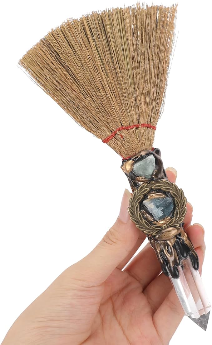 Witch Crystal Altar Broom - Natural Crystal Magic Broom for Wiccan Décor Halloween Costume Handmade 8 Inches Mini Witches Broomstick with White Crystal Stone for Cleansing Healing Feng Shui