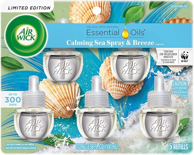 Air Wick Plug In Scented Oil Refill, Infused with Essential Oils, Plug In Air Fresheners for Home, Calming Sea Spray & Breeze, 5 ct