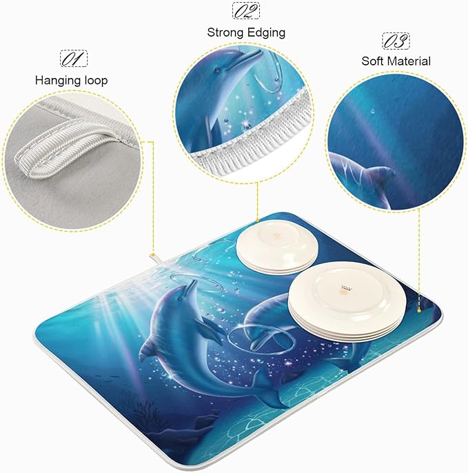 Tarity Lovely Dolphins Dish Drying Mat for Kitchen Counter Absorbent Heat Resistant Microfiber Dishes Drainer Mat 18x24 in Large Dish Pad Sink Mat Protective Pad Kitchen Decor