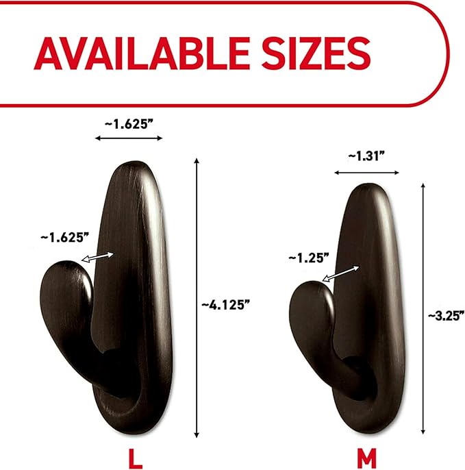 Command 5 lb Large Oil Rubbed Bronze Metal Hooks, 2 Coat Hooks and 4 Strips, Damage-Free Hanging with Adhesive, Forever Classic Great for Hanging Home and Room Decor