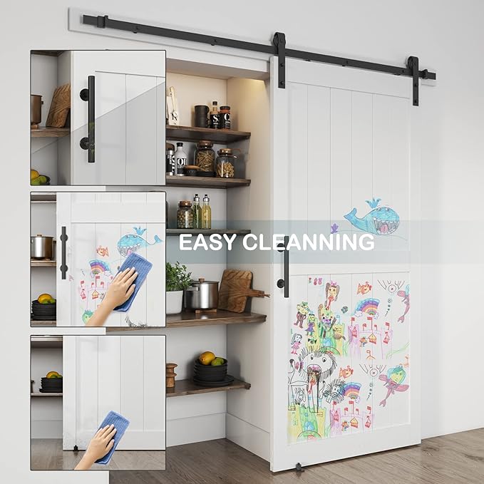 40''x84'' Sliding Barn Door with 7 Ft Barn Door Hardware Kit& Handle& Floor Guides,Pre-Drilled Holes Easy Assembly - Include Installation Manual, Water-Proof PVC Surface, H-Frame, White