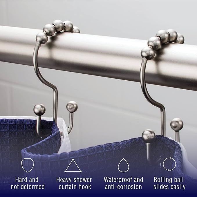 2LB Depot Double Shower Curtain Hooks Rings Polished Nickel Decor Finish Premium Rust-Resistant Stainless Steel Metal Hooks Roller Balls Glide on Shower Rods 12-Piece Set