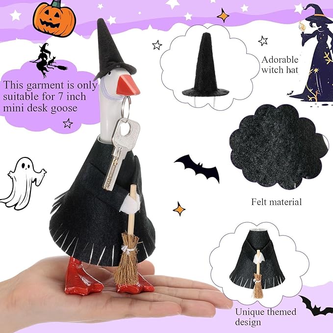 Abbylike Thanksgiving Mini Desk Goose Outfits 7 Inch Magnetic Silly Goose Statue Candy Corn Costume with Witch Hat and Broom for Halloween Magnetic Duck Statue Desk Key Holder Decor(Witch)