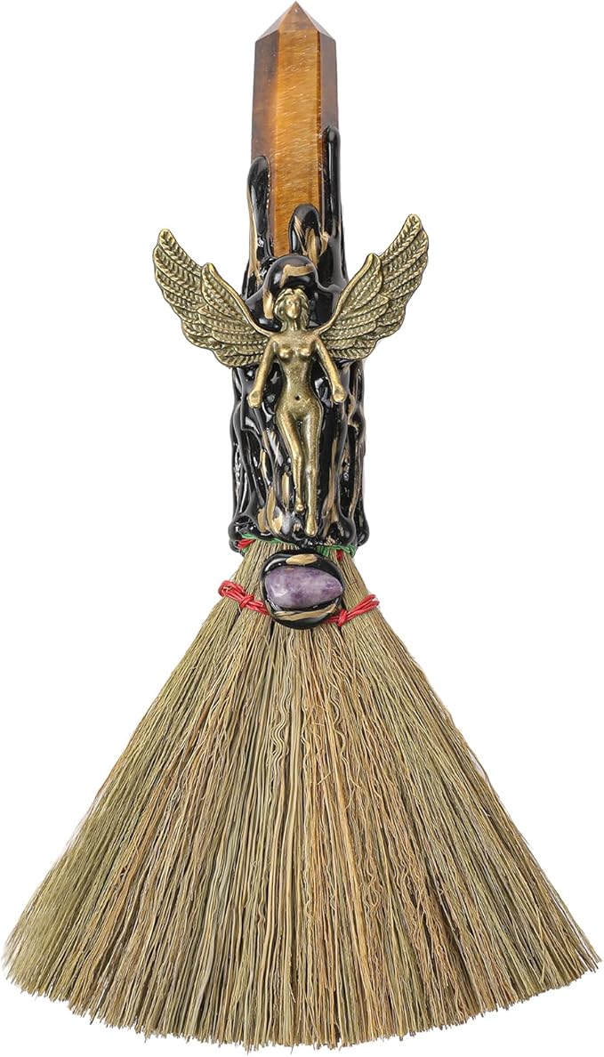 Witch Broom Witchcraft Supplies - Altar Supplies with Tiger Eye Stone Wiccan Stuff Goddess Magic Broomstick with Natural Healing Crystals Hexagonal Points Pagan Reiki Energy Clearing Decor