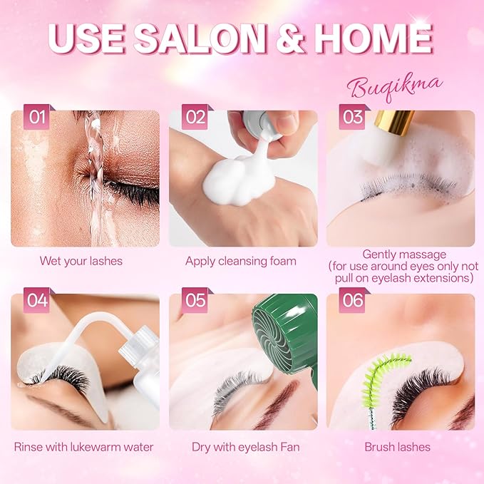 Buqikma Lash Shampoo Kit - Eyelash Extension Cleanser for Extensions 60ML with Rechargeable Handheld Lash Fan Dryer Mascara Brush Rinse Bottle Makeup Cleansing Foam for Lash Care