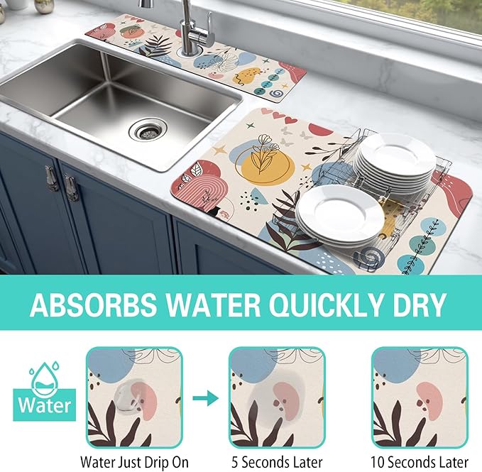 Dish Drying Mat for Kitchen Counter Matt, 2PCS 31.5"x17" Dish Drainer Mat & 24"x5.5" Sink Splash Guard, Super Absorbent Non-slip Rubber Backed