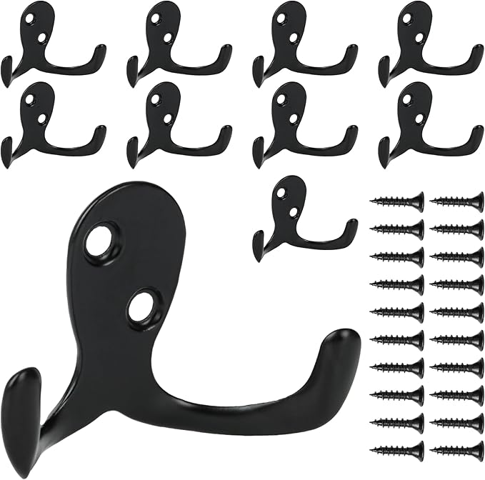 Aynoo 10 Pack Coat Hooks, Metal Wall Hooks Hardware, Heavy Duty Double Prong Wall Mounted,Black