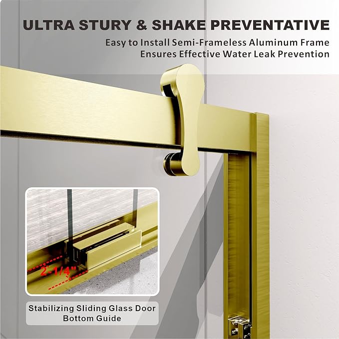 56"-60" W X 76" H Double Sliding Shower Door with Frame - Satin Brass Hardware, 8mm Tempered Glass, Stainless Steel Hanger Rollers, Easy-Cleaning Coating, Through-Glass Towel Bar & Knob?