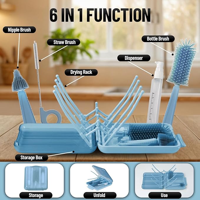 Bottle Brush Set Cleaner Silicone Brushes - Premium Food-Grade Silicone - Travel Friendly Portable Baby Bottle Cleaner Kit (Blue, Classic Style)