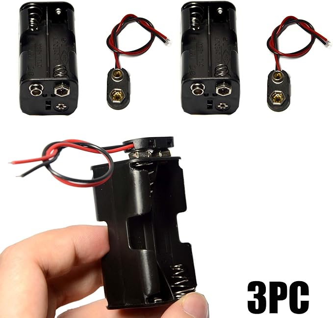 3 Pcs 4 x 1.5V (6V) AA Battery Holder Leads with 3 Pcs 9V I Type Snap Connector Plastic Housing Two Layers Battery Case