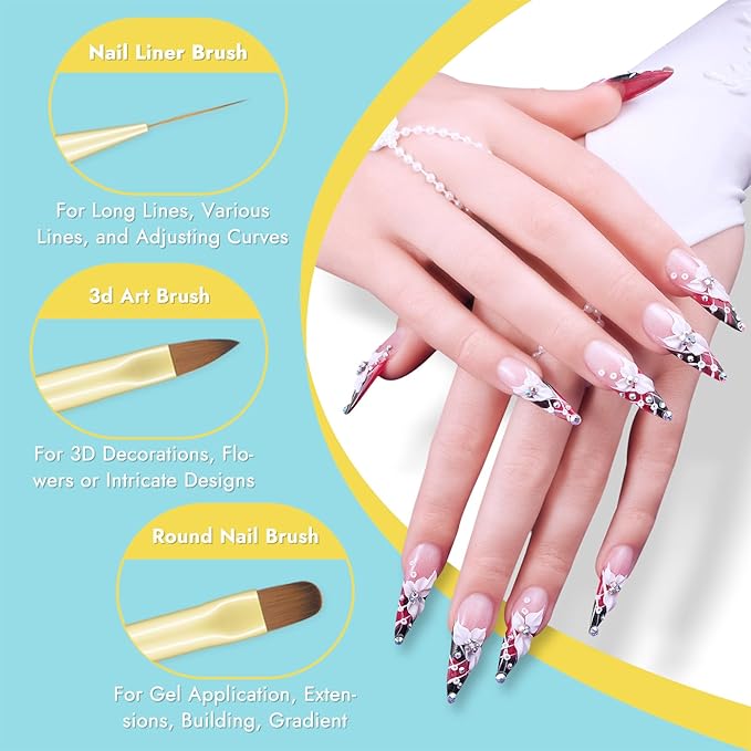Finea Nail Art Brushes and Dotting Tools 6pcs Set for Builder Gel Polygel Gel Polish Paint Design with Flat, Round, Thin Liner, French Tip, Small Detail Painting, 3D Acrylic Flower Brushes, Gold Blue