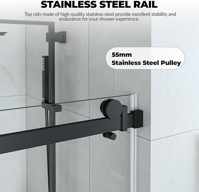 44-48" W x 76" h Frameless Sliding Shower Door – Waterproof Glass Shower Door-1/4 Tempered Clear Glass with Explosion-Proof Film, Matte Black Handle & Seal Strip