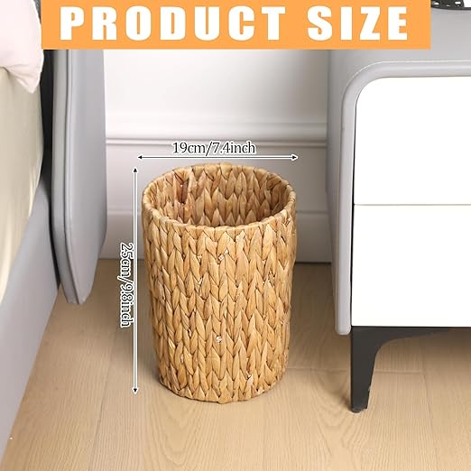 Wicker Waste Basket, Handwoven Water Hyacinth Trash Can Small Bathroom Trash Can Boho Woven Decorative Office Garbage Cans for Bedroom Bathroom Kitchen Living Room