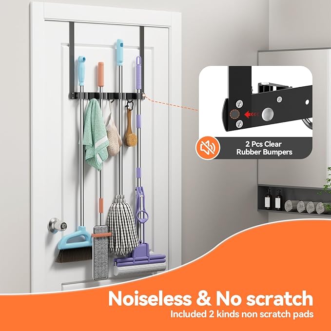 Broom and Mop Holder Over the Door, Broom Holder with 4 Racks and 3 Hooks Metal Broom Organizer Wall Hanging Broom Storage Behind the Door for Closet Kitchen Cabinet Garden