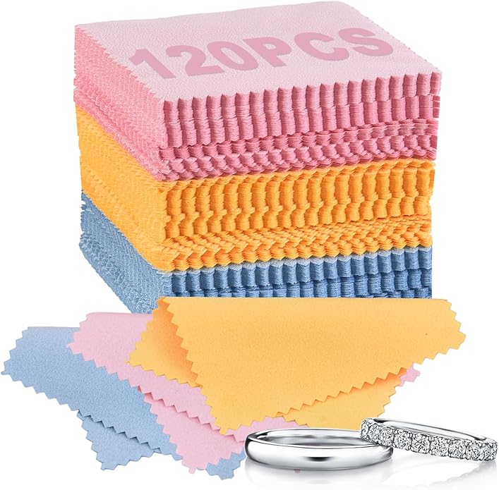 120 PCS Jewelry Cleaning Cloth - 3.15 x 3.15 Inches, Small Polishing Cloths for Jewelry, Sterling Silver, Gold, Brass, Platinum, Silver Cleaner Polish Cloth - 3 Color Mixed (Yellow, Blue, Pink)