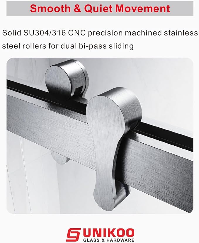 46"-48" W X 76" H Double Sliding Shower Door with Frame - Brushed Nickel Hardware, 8mm Tempered Glass, Stainless Steel Hanger Rollers, Easy-Cleaning Coating, Through-Glass Towel Bar & Knob