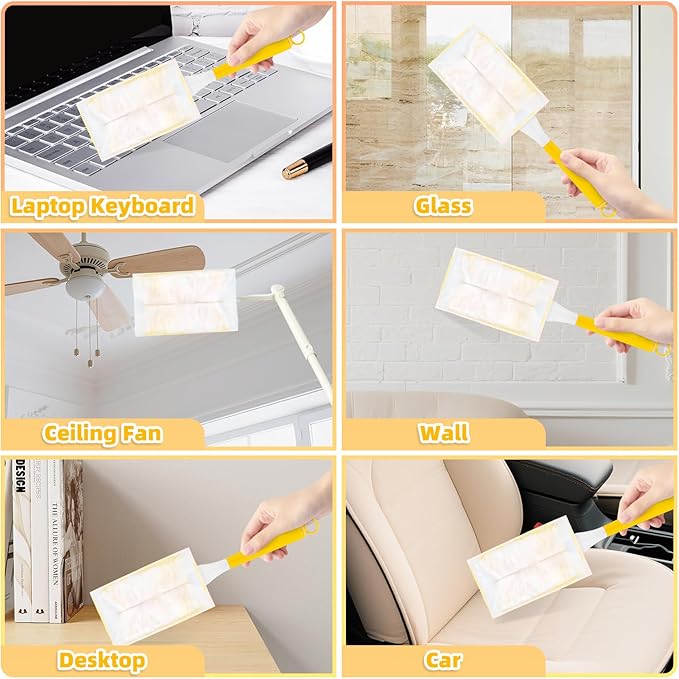 Heavy Duty Dusters Refills, Disposable Dusters Kit Compatible with Swiffer Handles, Multisurface Dusters+1 Extended Handle +1 Handle (Yellow, 180°)