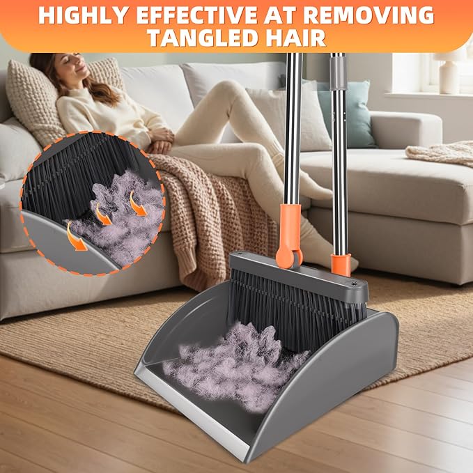 Ease of Assembly Broom and Dustpan Set, Self Cleaning with Metal Dustpan Teeth, Indoor&Outdoor Sweeping, Ideal for Dog Cat Pets Home Use, Stand Up Broom and Dustpan, Orange&Grey