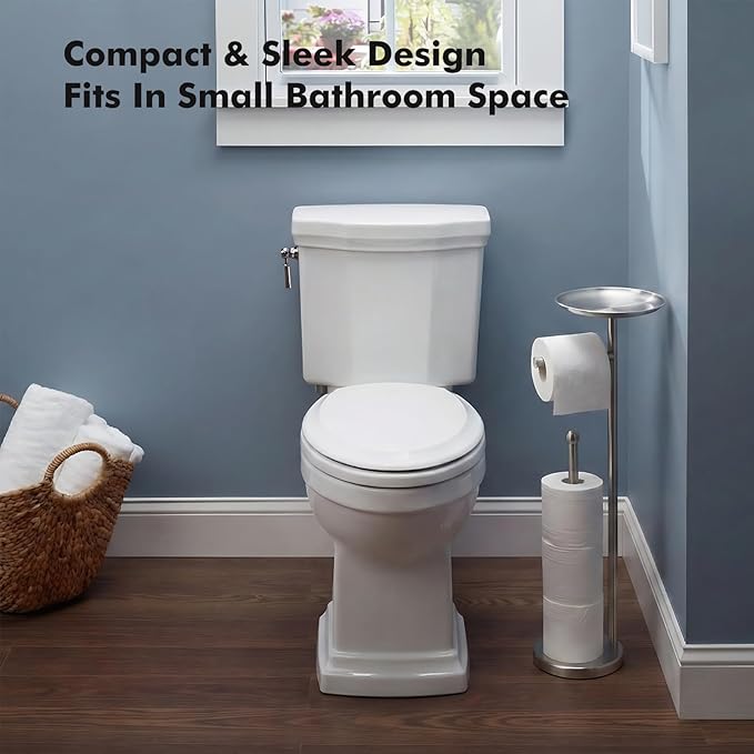 Freestanding Toilet Paper Holder with Shelf, Toilet Paper Stand with Storage for Holding Extra 4 Toilet Paper Rolls (Brushed Nickel)