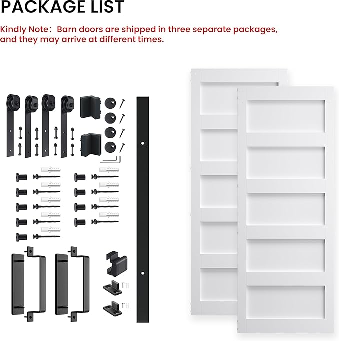 Double 36" x 96" White Barn Door with 12FT Sliding Door Hardware Kit Included, 5-Panel, Assemblely Needed, Waterproof PVC Surface, Max Opening 70in x 94in