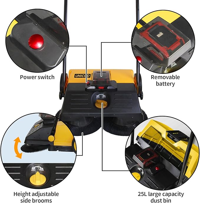 UNICOO® Electric Hand Push Floor Sweeper – Battery Powered Walk-Behind Sweeper with Dual Brush Rollers, 23" Sweeping Width & 6.6 Gallon Waste Bin – Indoor/Outdoor Push Sweeper (Yellow)