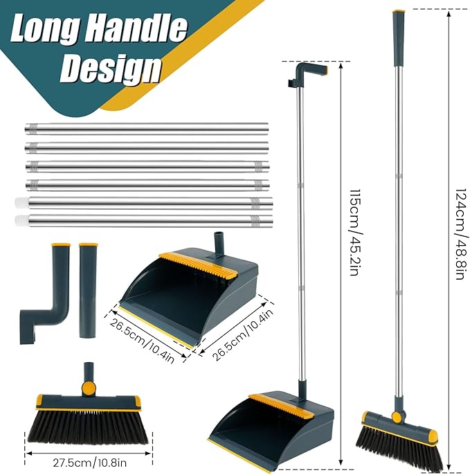 Broom and Dustpan Set for Home, 180° Rotating Broom Combo, Foldable Standing Dustpan and Brush, Long Handle Broom and Dustpan Combo Set with Scraper Teeth for Cleaning Room Office Lobby Floor (B)