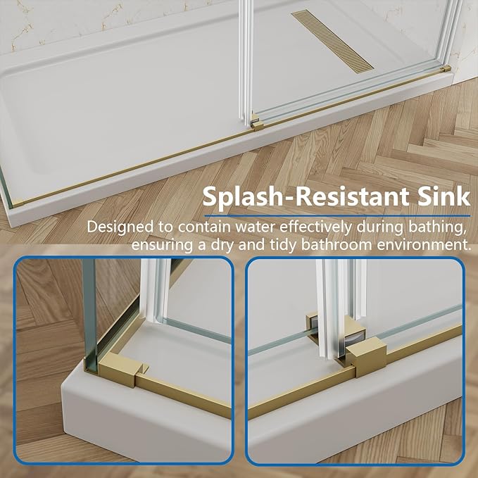 60x76 in Frameless Double Sliding Shower Door with 32x76 in Side Panel, Nano Glass, 304 Stainless Steel in Brushed Gold, L-Shape Design, Reversible Install