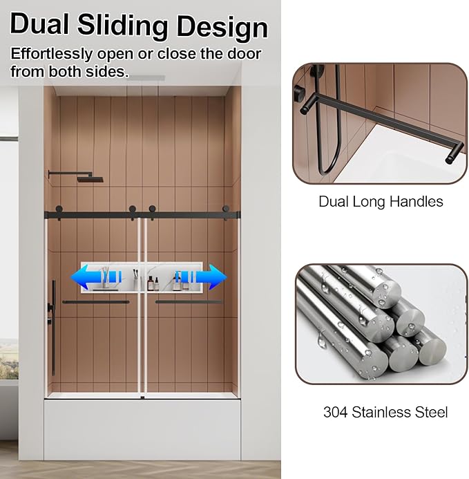 56-60" W x 60" H Double Sliding Bathtub Shower Door, 5/16" (8mm) Tempered Glass Frameless Bypass Shower Glass Door for Tub, Double Nano Coating, Pull Towel Rack (Black)