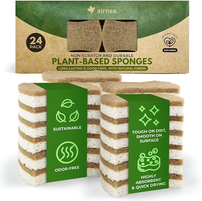Natural Kitchen Sponges (24 Pack) - Biodegradable Cellulose & Coconut Scrubber Dish Sponge for Kitchen - Eco-Friendly, Non Scratch, Compostable, Non Toxic Natural Sponges for Dishes