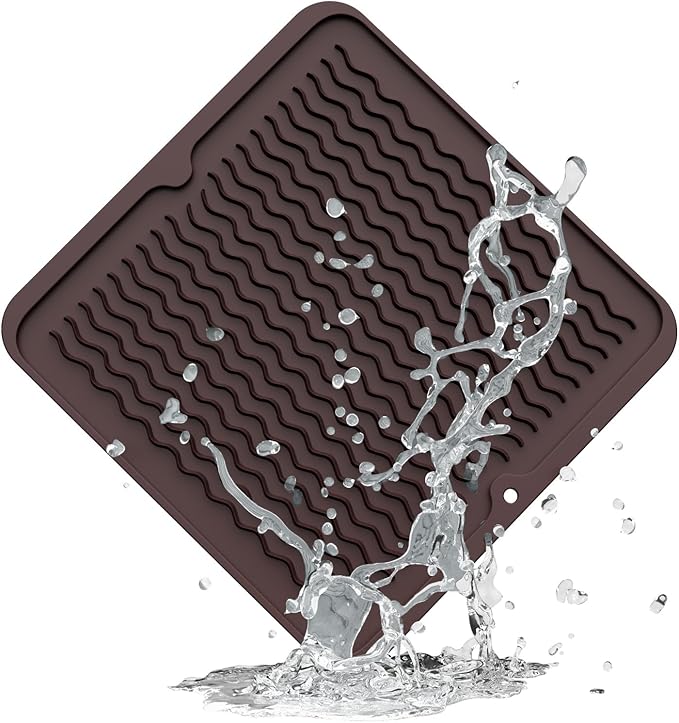 ZLR Silicone Dish Drying Mat 12" x 12" Square - Small Heat Resistant Trivet & Countertop Protector for Air Fryer, Coffee Maker - Waterproof Kitchen Drain Pad for Cups, Fruit (Coffee)