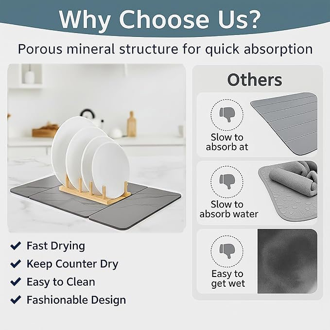 3-Panel Stone Drying Mat for Counter, 20"×16" – Fast Dry Diatomaceous Earth Dish Mat, Heat-Resistant,Stable Hard Stone Pad for Dishes, Ice Maker & Air Fryer, Protects Premium Countertops