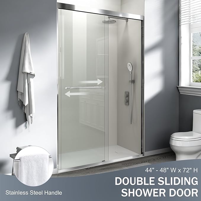 44-48 in. W x 72 in. H Double Sliding Shower Door, Semi-Frameless Bypass Bathroom Sliding Door with 1/4" (6mm) Tempered Glass for Walk-in Shower, Chrome