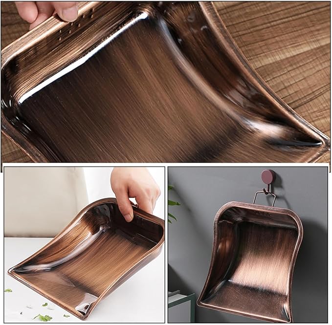 VICASKY Small Handheld Desktop Dustpan in Antique Copper Color, Stainless Steel Reusable Cleaning Shovel with Hook for Home and Office Use
