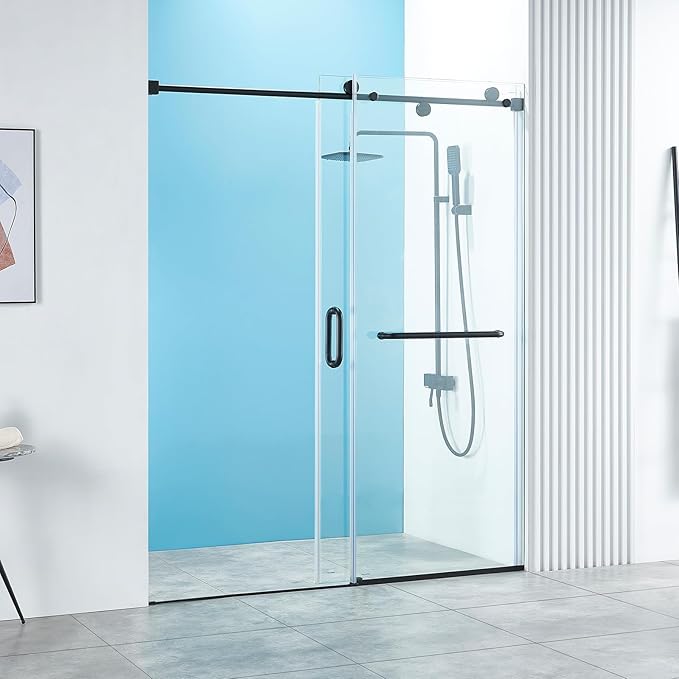 56-60" W x 76" H Frameless Sliding Shower Door, Frameless Shower Door, Shower Glass Door with 5/16" (8mm) Clear SGCC Tempered Glass, Stainless Steel Hardware O01 (Matte Black 60" W x 76" H)