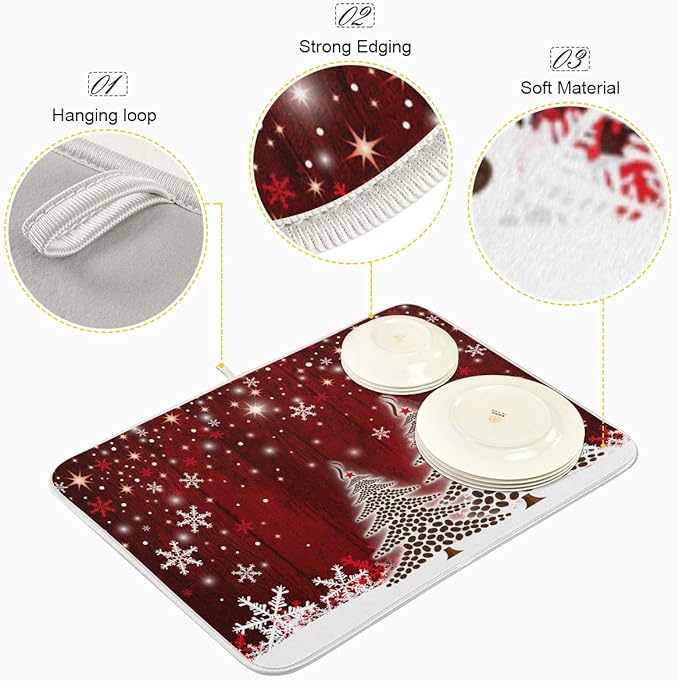 Christmas Tree Dish Drying Mat 18x24 inch Xmas New Year Snowflake Wooden Dish Drainer Kitchen Counter Mats Bottles Dish Dry Pad Protector for Kitchen Countertops