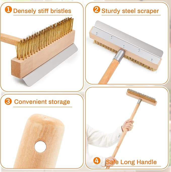 1 Pack 37 Inch Wood Handle Pizza Oven Brush with Scraper Outdoor Pizza Oven Cleaning Brush Tool, Aluminum Threaded Tip, Brass Bristles with Steel Scraper