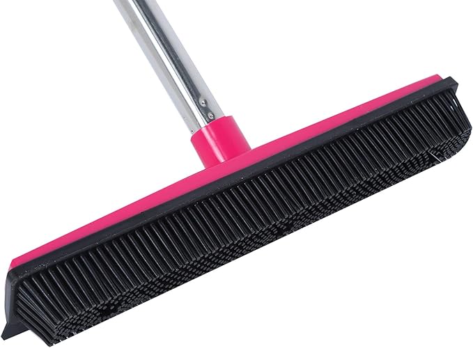 Pet Hair Remover, Carpet Rake for Pet Hair Removal, 2 in 1 Removal Tool of Rubber Broom and Squeegee for Floor, Length Adjustable Push Broom, Pet Dog and Cat Hair Remover (Pink)