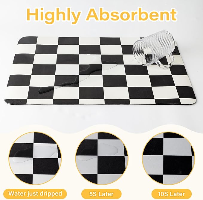 Checkered Dish Drying Mat for Kitchen Counter Coffee Mat Bar Accessories,Absorbent Easy Clean (Black, 19" x 12")