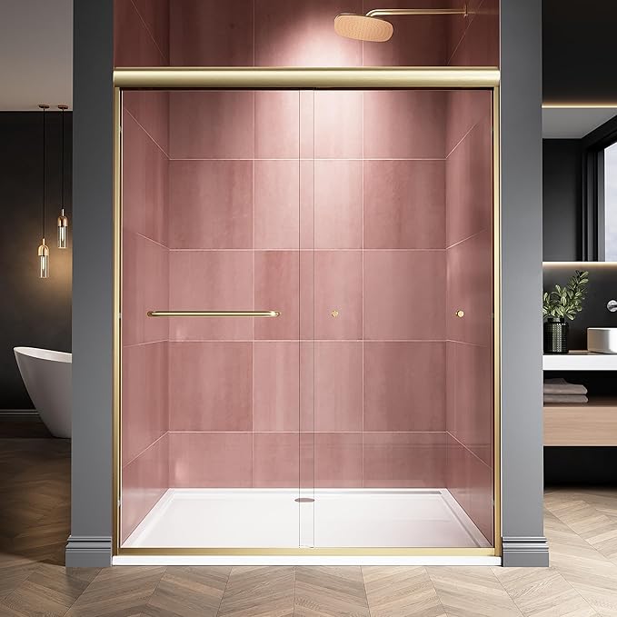 44-48" W x 72" H Semi-Frameless Double Sliding Glass Shower Door, 1/4" (6mm) Clear Tempered Glass, Bypass Sliding Shower Door for Bathroom, Easy to Clean (Brushed Gold, 48" W x 72" H)