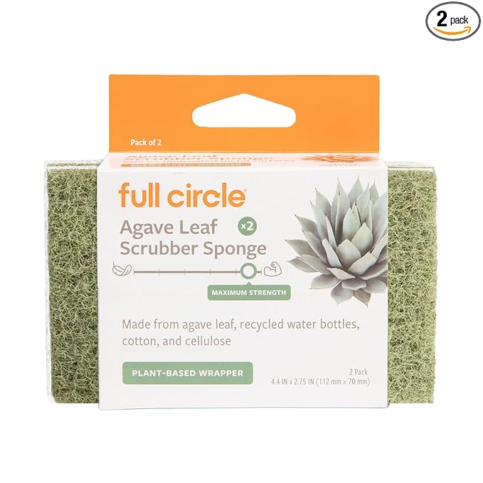 Full Circle Heavy Duty Scrubber Sponge – Robust Agave Leaf & Plastic-Free Cellulose – Dual-Sided Dish Sponge for Cast Iron, Grill Grates & Oven Racks, 2 Pack