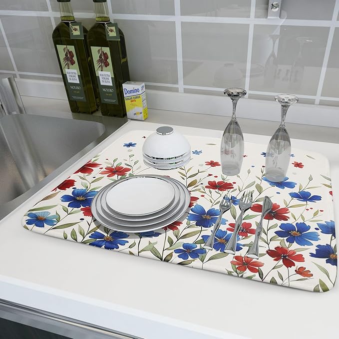 Khope 4th of July Dish Drying Mat for Kitchen Counter 18x24 Inch America Colorful Red Blue Floral Reusable Washable Memorial Day Flowers Drying Pad Countertop Home Decor