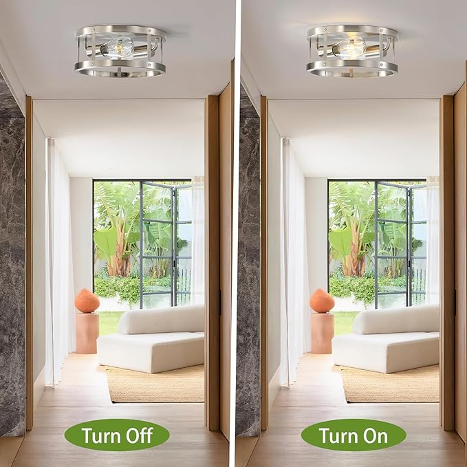 2-Light Industrial Flush Mount Ceiling Light Fixture,Brushed Nickel Farmhouse Ceiling Light Fixture,Modern Light Fixtures Ceiling Mount for Kitchen Bedroom Living Room Hallway 1 Pack